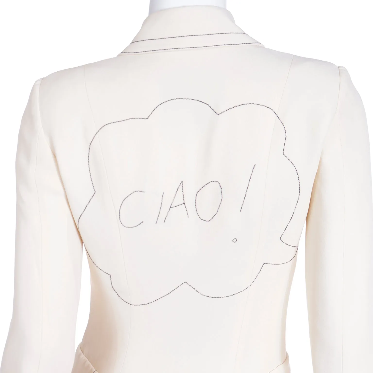 1990s Moschino Cream Jacket w Black Line Drawing of Olive Oyl Ciao