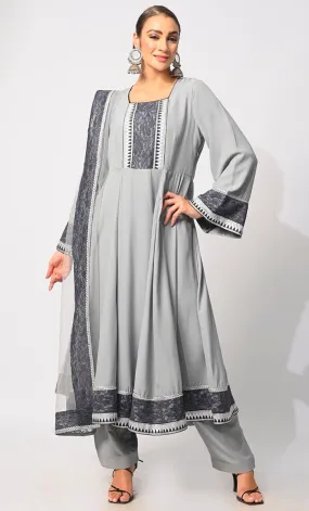 3 Pc Grey Anarkali Set with Intricate Foil Print and Lace Detailing