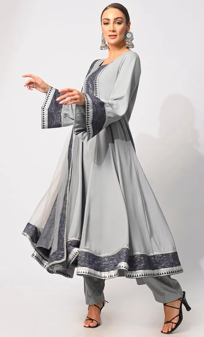 3 Pc Grey Anarkali Set with Intricate Foil Print and Lace Detailing