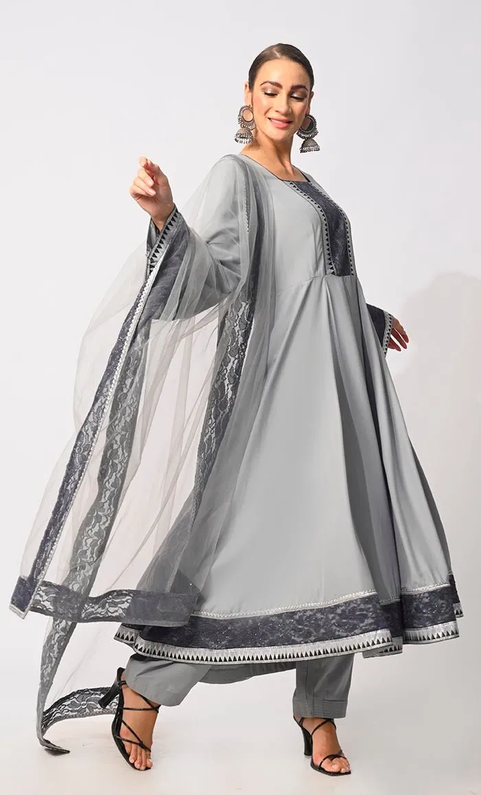 3 Pc Grey Anarkali Set with Intricate Foil Print and Lace Detailing