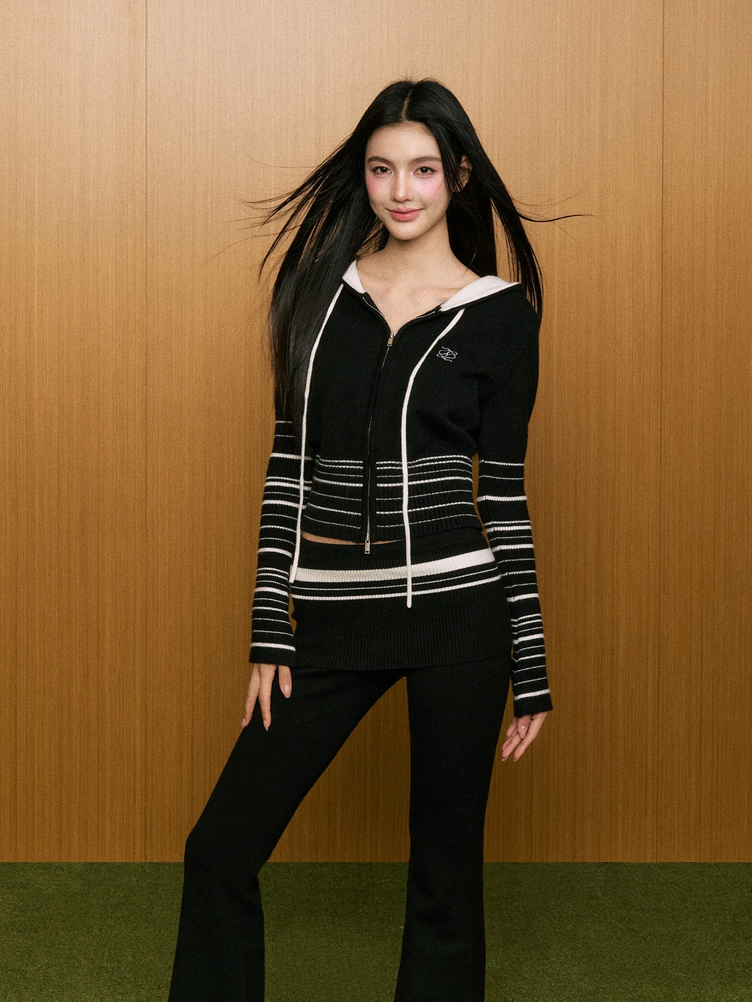 AGAM Flattering Fit Striped Knit Hoodie Cardigan & Flared Pants Set