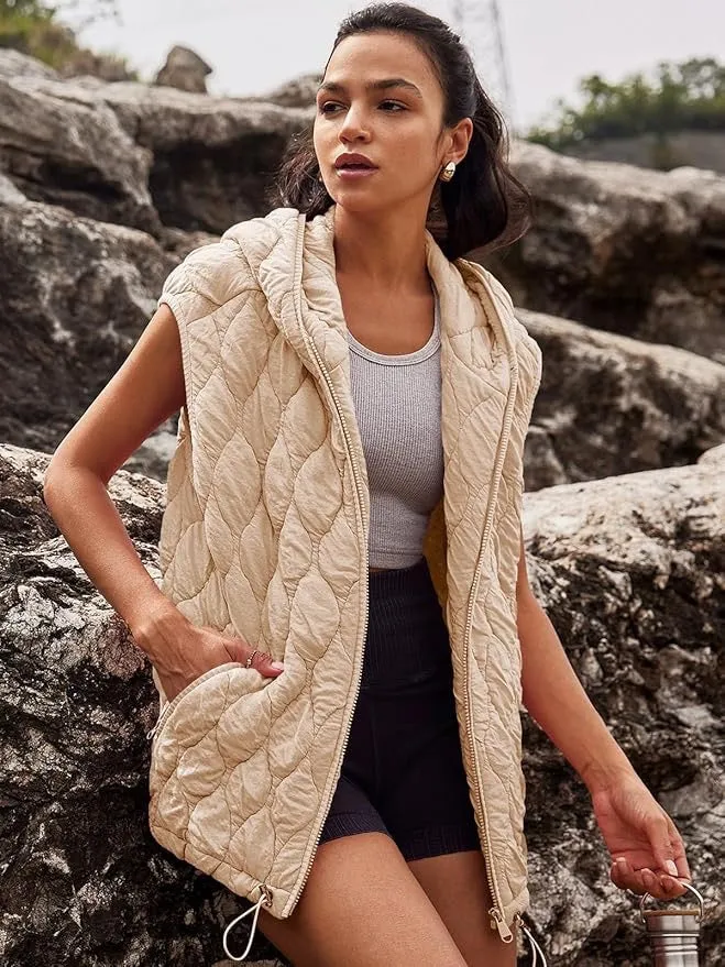 Aimee Oversized Quilted Vest Jacket: Light Khaki