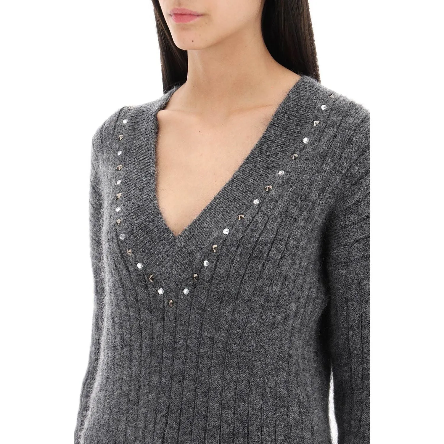 Alessandra Rich wool knit sweater with studs and crystals