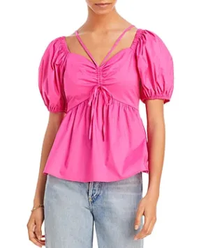 Aqua Cutout Puff Sleeve Top, Hot pink,Size Small