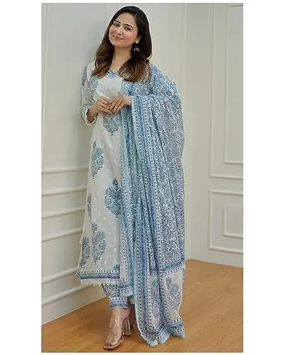 Arayna Women's Cotton Printed Floral Straight Kurta with Palazzo Pants and Printed Dupatta Set, Light Blue, X-Large