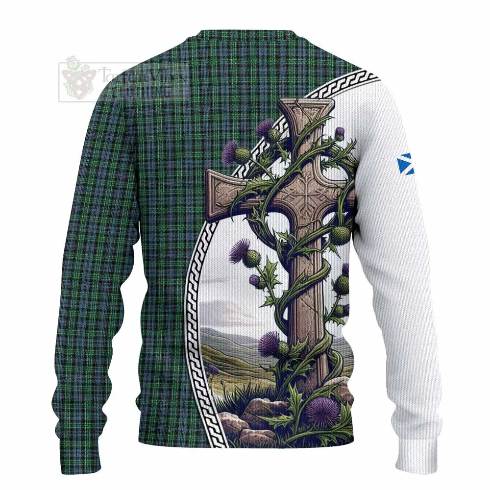 Arbuthnot Tartan Knitted Sweater with Family Crest and St. Andrew's Cross Accented by Thistle Vines