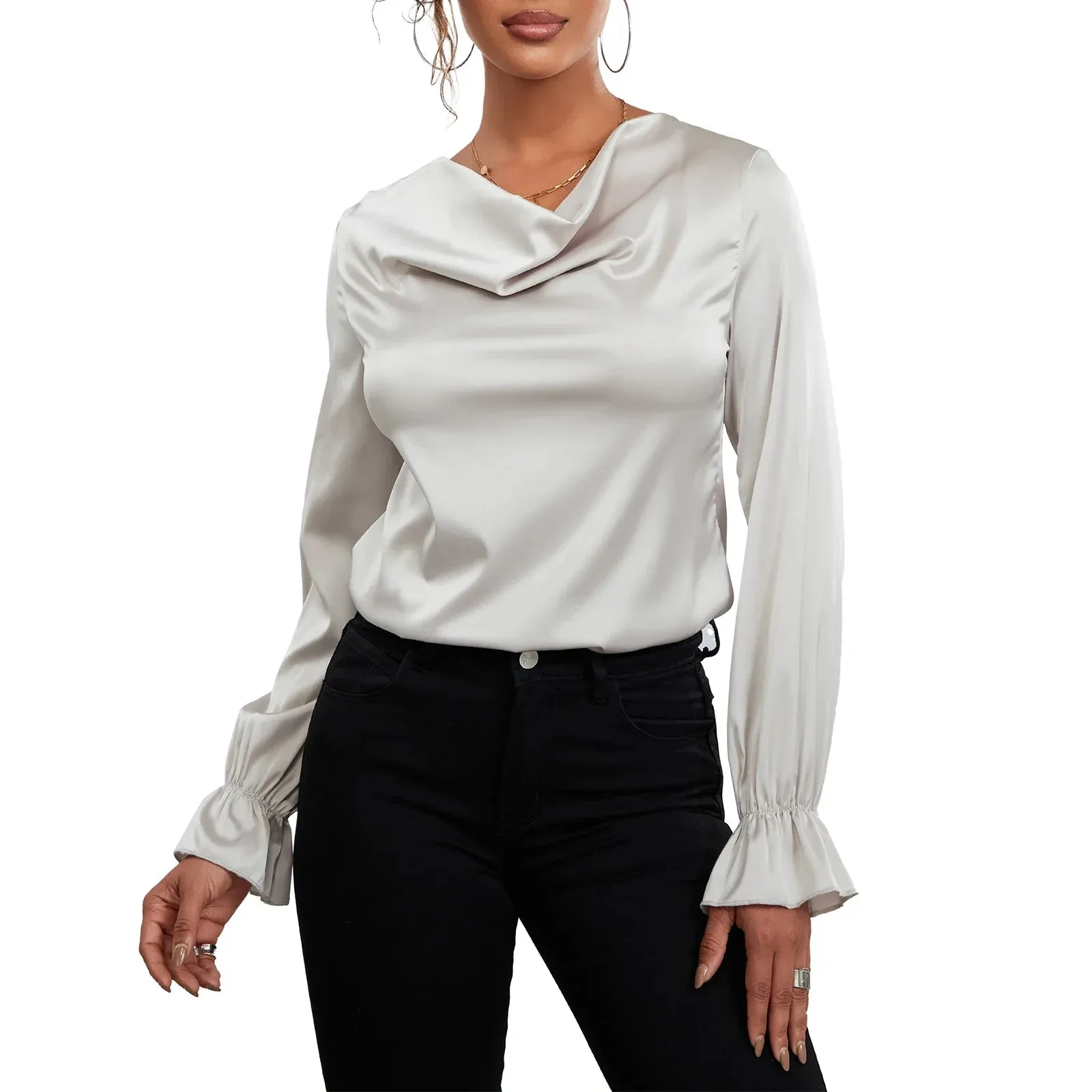 Autumn Cowl Neck Solid Color Basics Versatility Daily Spring Blouse