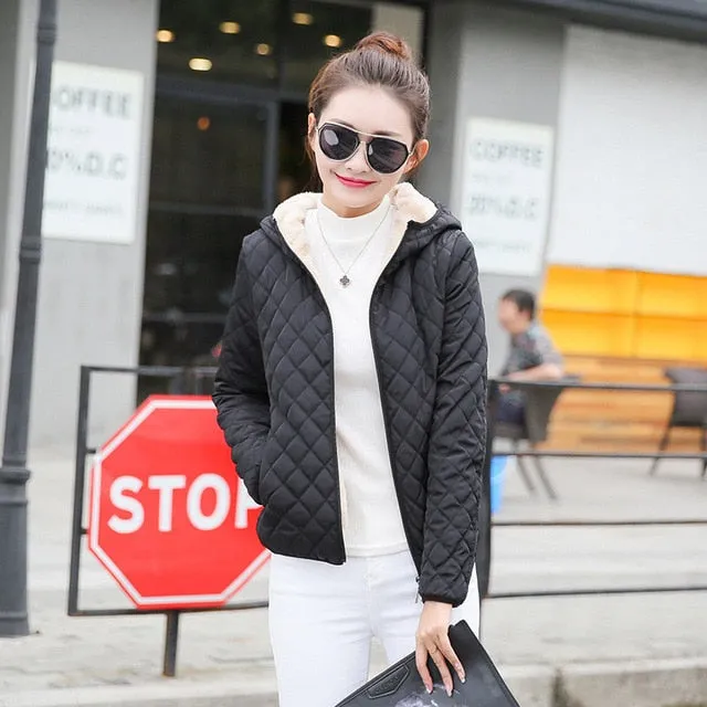 Autumn New Parkas basic jackets Female Women Winter plus velvet lamb hooded