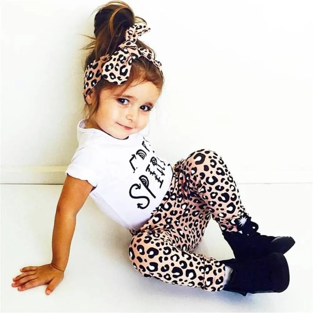 Baby Girl Clothing Set Short Sleeve Letter T-shirt Pants Headband 3Pcs Casual Outfit