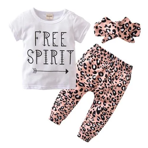 Baby Girl Clothing Set Short Sleeve Letter T-shirt Pants Headband 3Pcs Casual Outfit