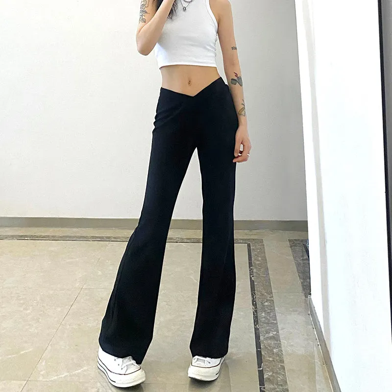 Black Caramel V-shaped High Waist Thin Flared Pants