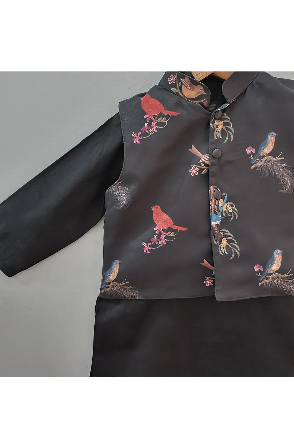 Black Cotton Kurta With Bird Printed Jacket Set