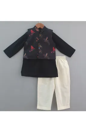 Black Cotton Kurta With Bird Printed Jacket Set