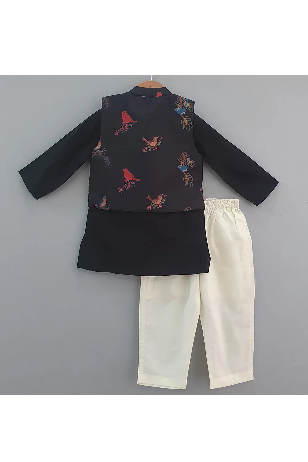 Black Cotton Kurta With Bird Printed Jacket Set