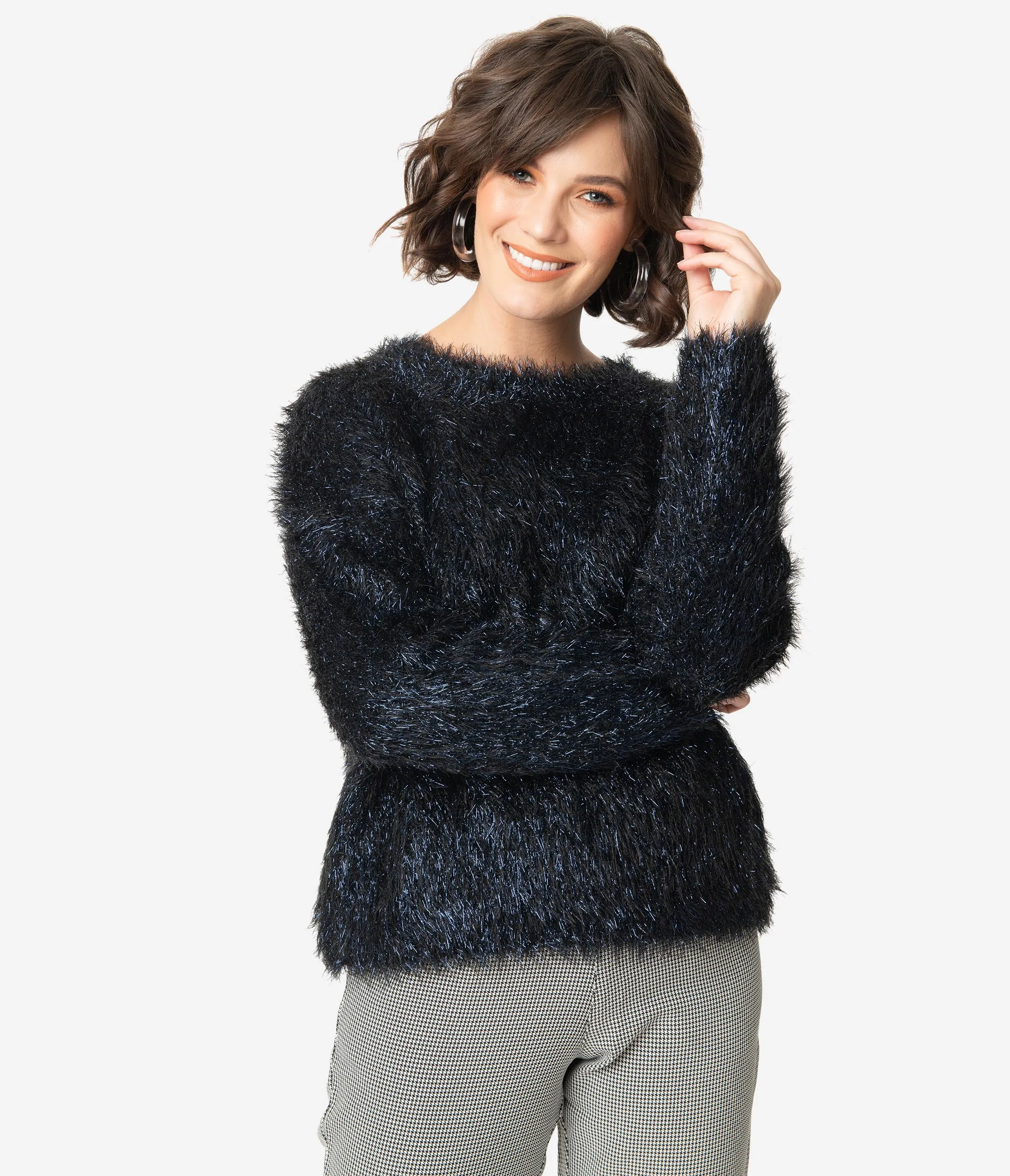 Black Fuzzy Sparkle Long Sleeve Pullover Sweater