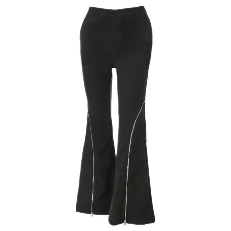 Black Techwear Flared Leg Zipper High Waist Pants