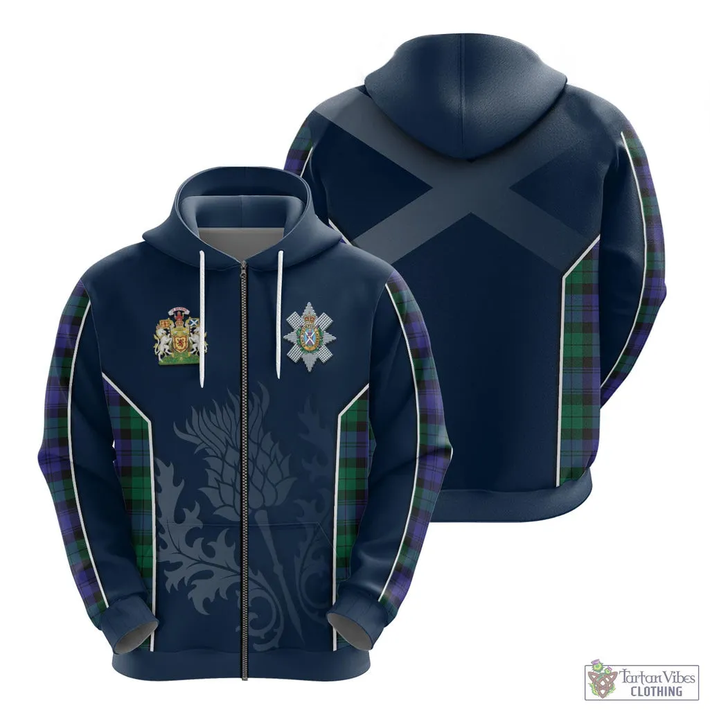 Black Watch Modern Tartan Hoodie with Family Crest and Scottish Thistle Vibes Sport Style