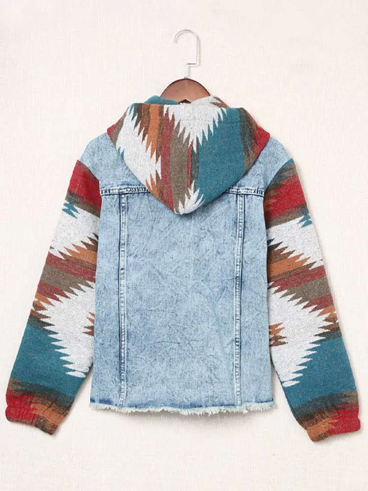 Blue Denim Jacket Long Sleeve Hooded Bohemian Style Jacket