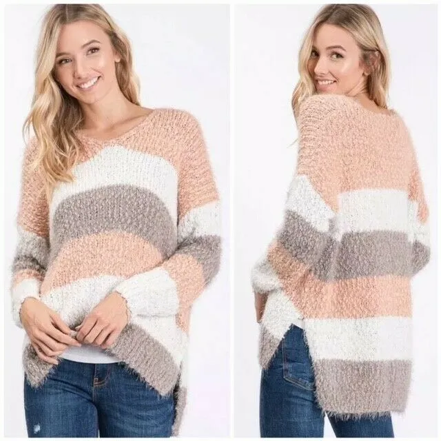 Blush Pink Striped Eyelash Popcorn Long Sleeve Casual Sweater Womens