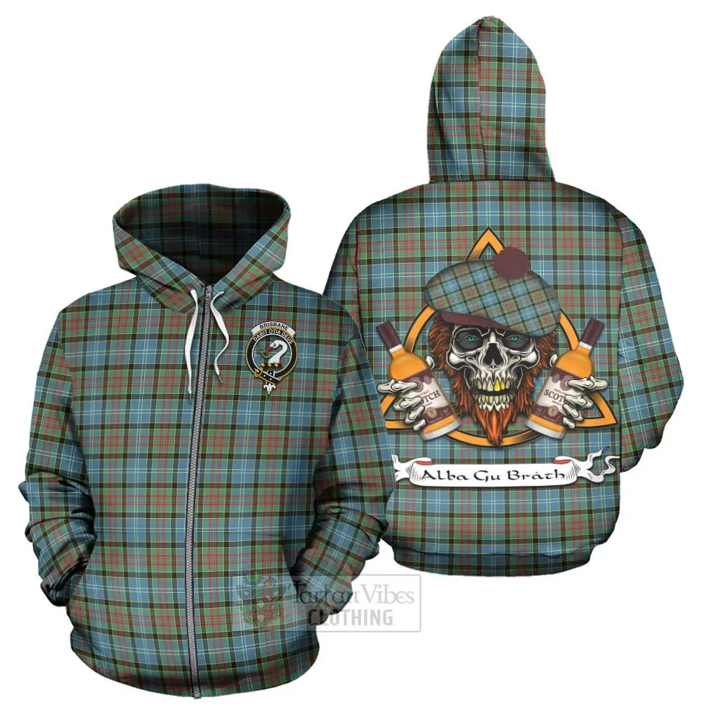 Brisbane Tartan Hoodie with Family Crest and Bearded Skull Holding Bottles of Whiskey