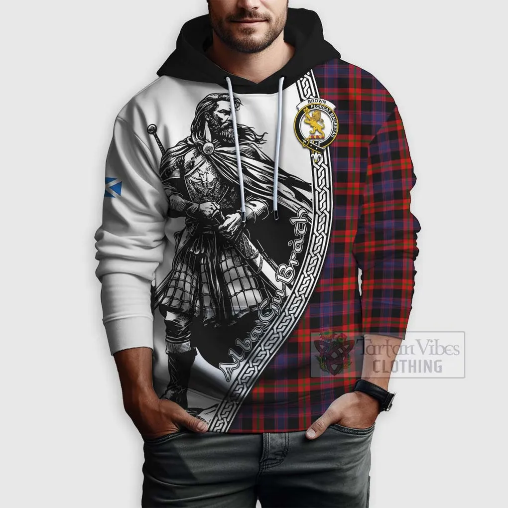 Brown (Broun) Tartan Clan Crest Hoodie with Highlander Warrior Celtic Style