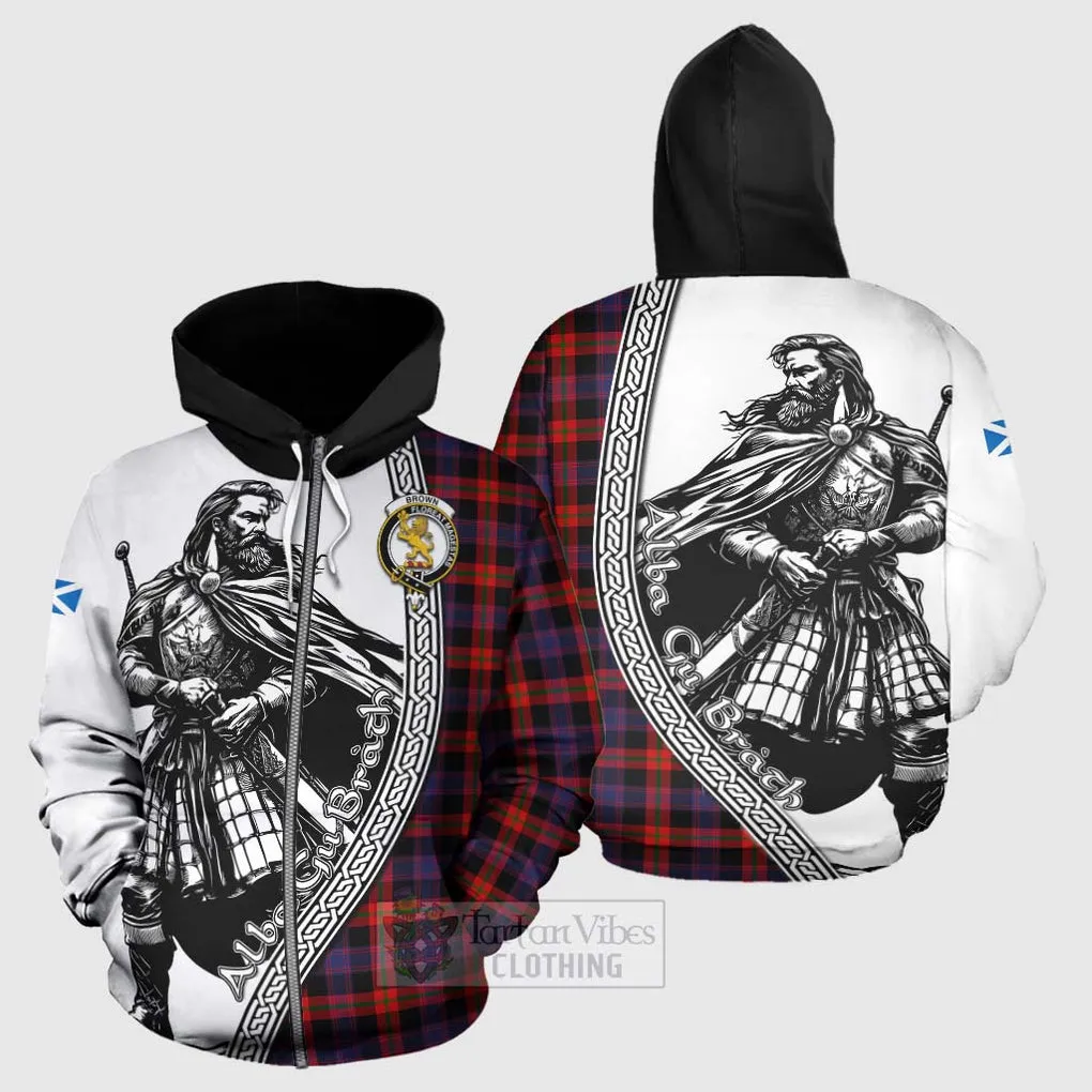 Brown (Broun) Tartan Clan Crest Hoodie with Highlander Warrior Celtic Style