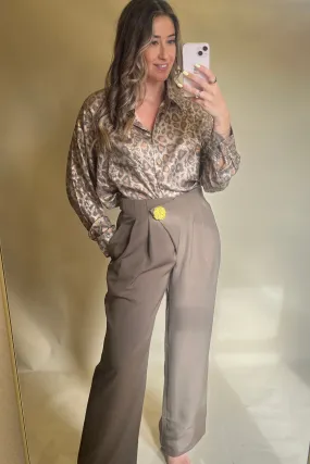 Brown Tailored Trousers with Gold Feature Brooch