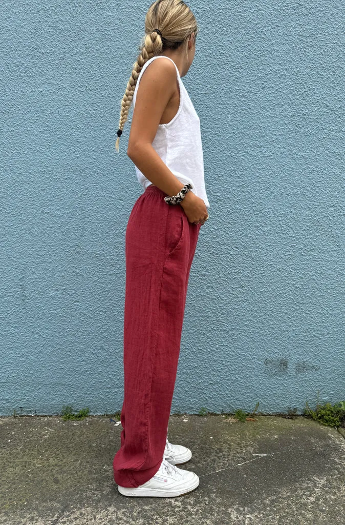 By Basics Straight Linen Pants in Earth Red