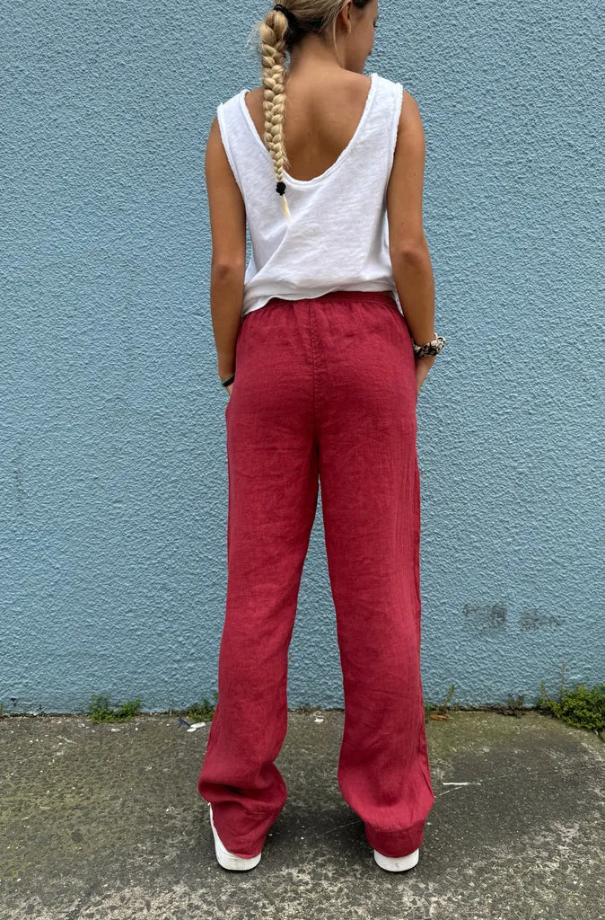 By Basics Straight Linen Pants in Earth Red