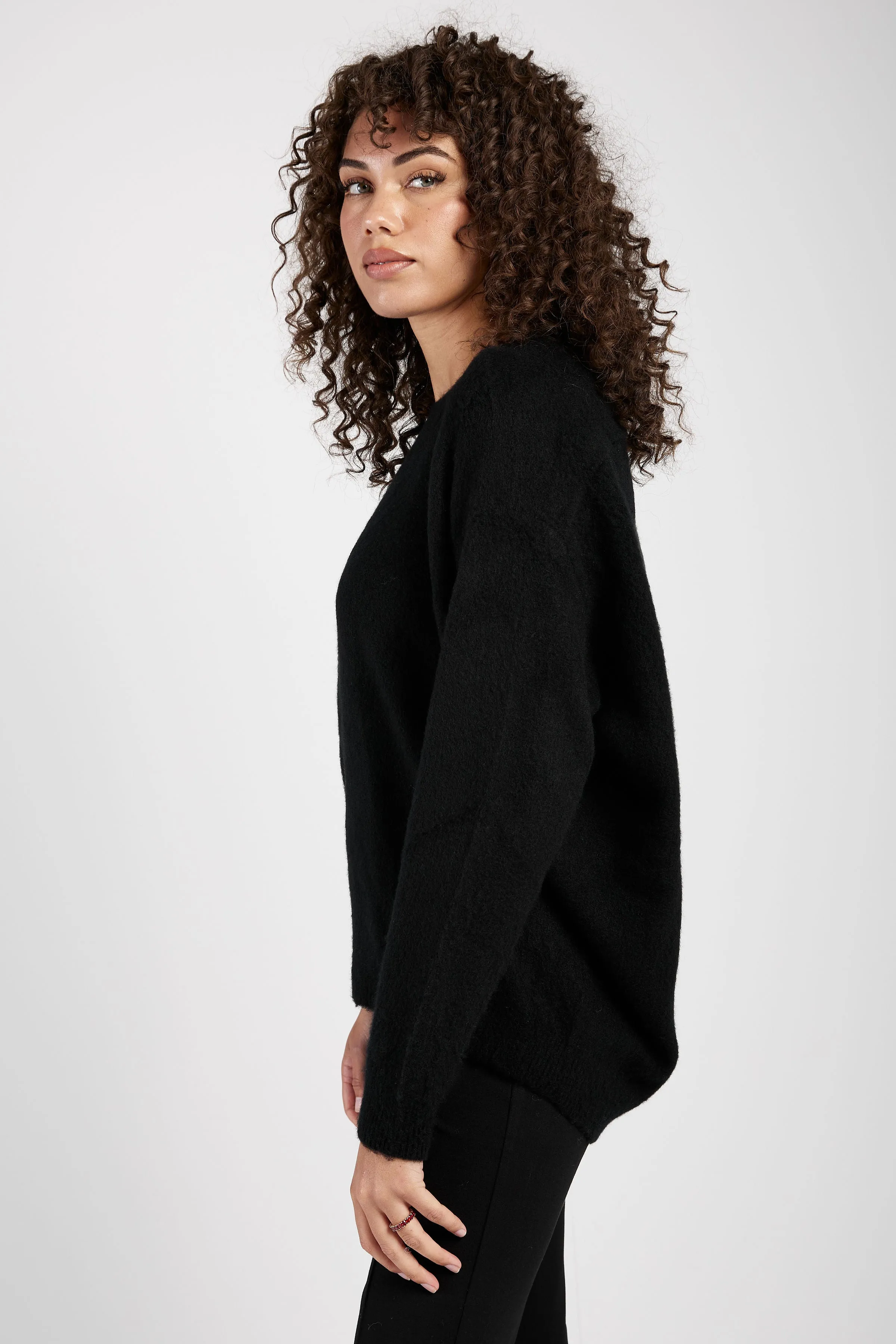 Carded Cashmere Pullover Sweater in Nero