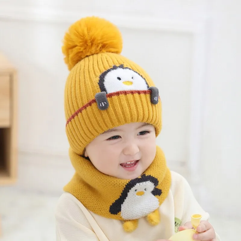 Cartoon Animal Kint Pom Pom Hat Scarf Child Cotton Inner Beanies Hat And Ring Scarves Kids Girl Boy  Winter Warm Cap 1-3T