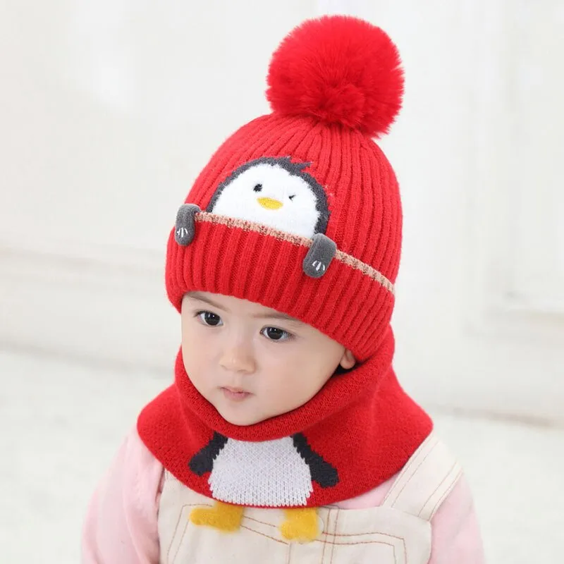 Cartoon Animal Kint Pom Pom Hat Scarf Child Cotton Inner Beanies Hat And Ring Scarves Kids Girl Boy  Winter Warm Cap 1-3T