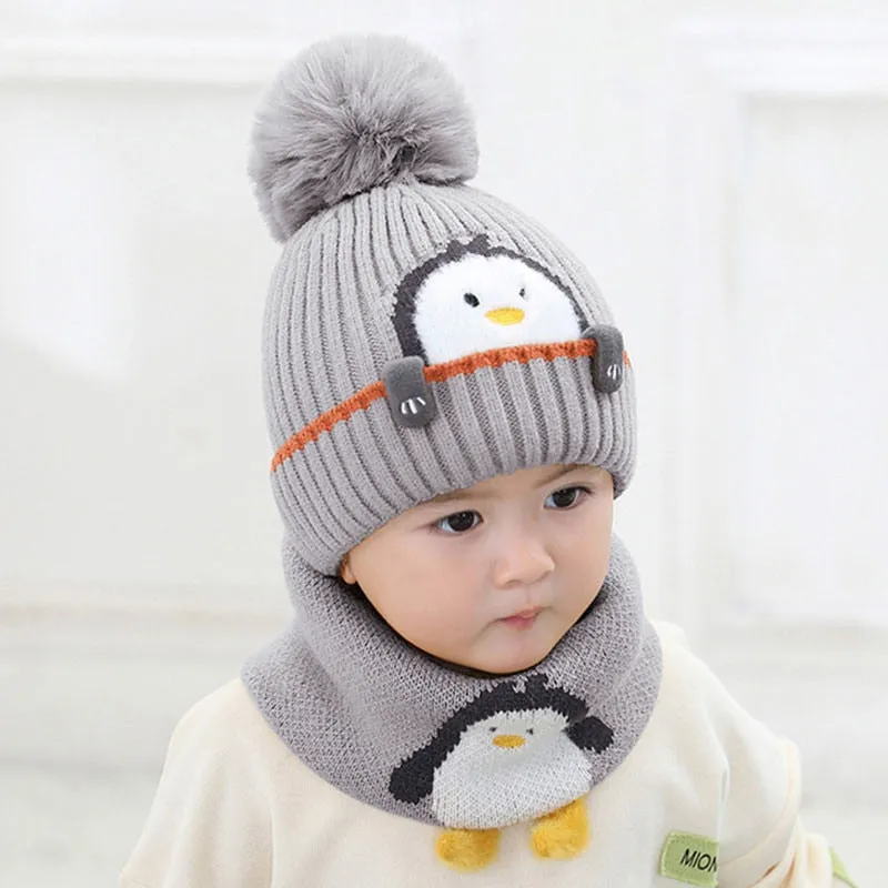 Cartoon Animal Kint Pom Pom Hat Scarf Child Cotton Inner Beanies Hat And Ring Scarves Kids Girl Boy  Winter Warm Cap 1-3T