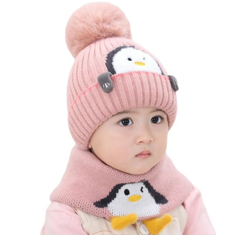 Cartoon Animal Kint Pom Pom Hat Scarf Child Cotton Inner Beanies Hat And Ring Scarves Kids Girl Boy  Winter Warm Cap 1-3T