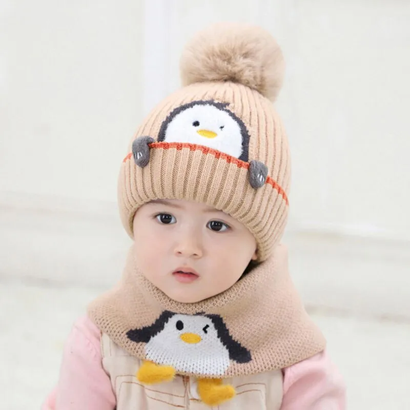 Cartoon Animal Kint Pom Pom Hat Scarf Child Cotton Inner Beanies Hat And Ring Scarves Kids Girl Boy  Winter Warm Cap 1-3T