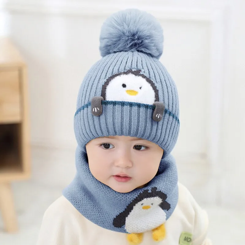 Cartoon Animal Kint Pom Pom Hat Scarf Child Cotton Inner Beanies Hat And Ring Scarves Kids Girl Boy  Winter Warm Cap 1-3T