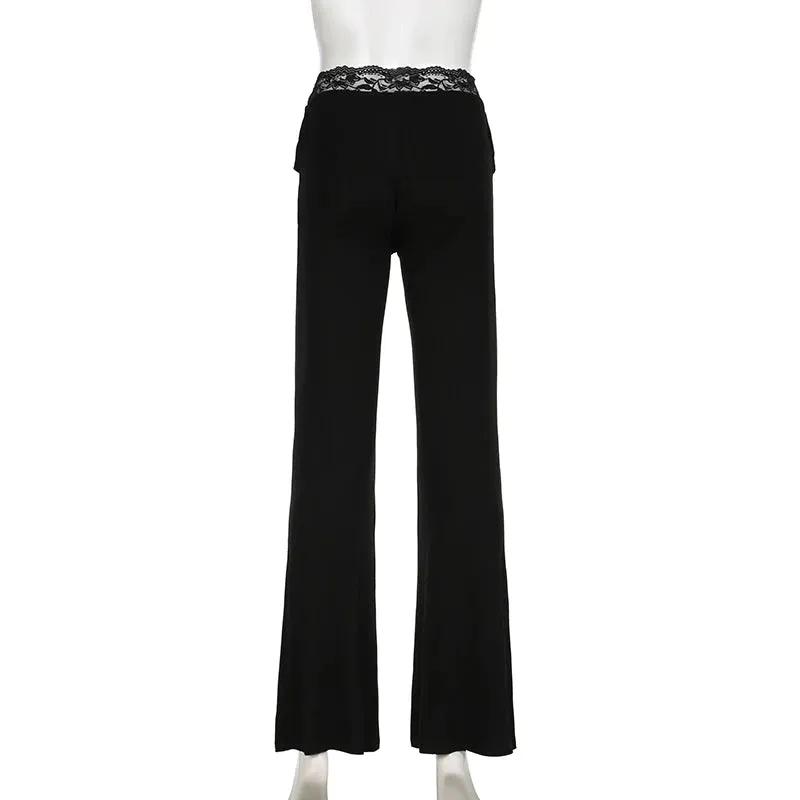 Casual Black Skinny Lace Spliced Basic Women Pants Bow Yoga Soft Gym Bow Harajuku Full Length Flared Trousers Bottoms