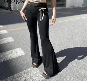 Casual Black Skinny Lace Spliced Basic Women Pants Bow Yoga Soft Gym Bow Harajuku Full Length Flared Trousers Bottoms