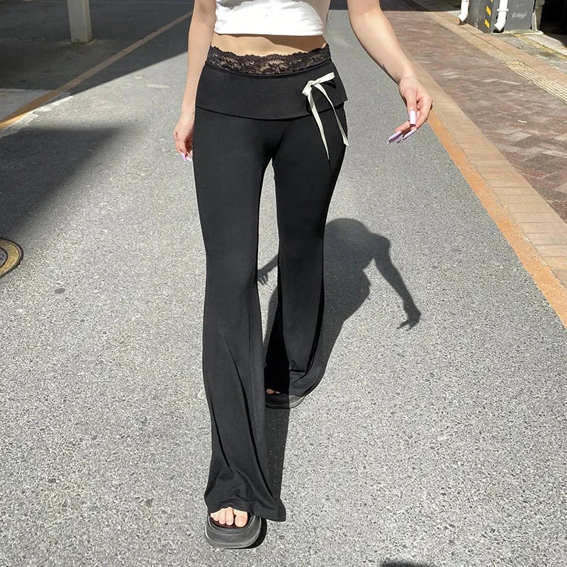 Casual Black Skinny Lace Spliced Basic Women Pants Bow Yoga Soft Gym Bow Harajuku Full Length Flared Trousers Bottoms