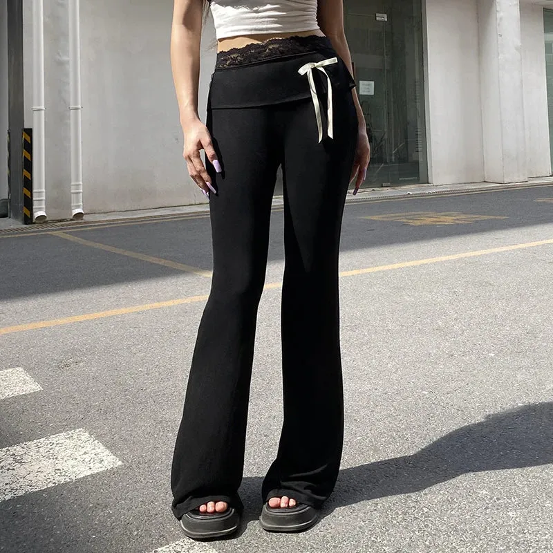 Casual Black Skinny Lace Spliced Basic Women Pants Bow Yoga Soft Gym Bow Harajuku Full Length Flared Trousers Bottoms