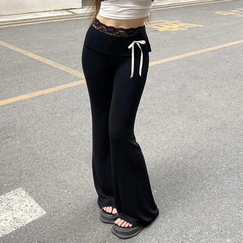 Casual Black Skinny Lace Spliced Basic Women Pants Bow Yoga Soft Gym Bow Harajuku Full Length Flared Trousers Bottoms