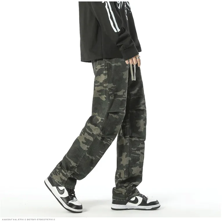 Casual Camouflage Straight Leg Drawstring Straight Leg Pants