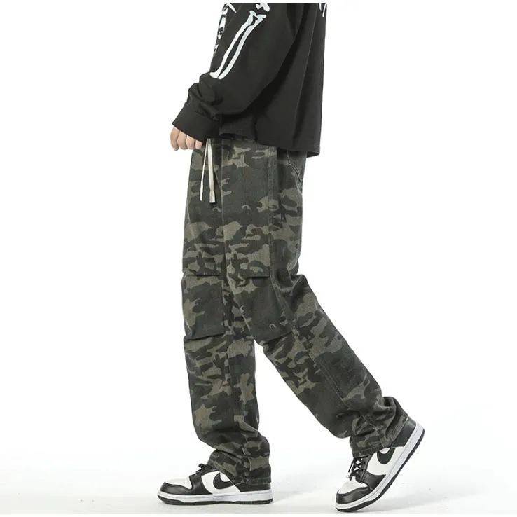 Casual Camouflage Straight Leg Drawstring Straight Leg Pants