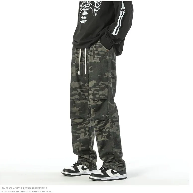 Casual Camouflage Straight Leg Drawstring Straight Leg Pants