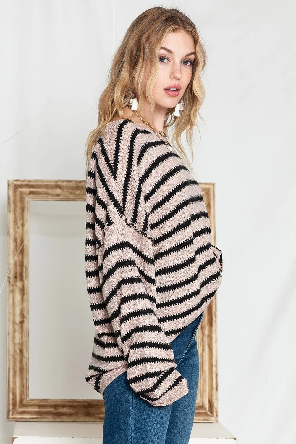 Casual Drop Shoulder Knitted Pullover Striped Sweater