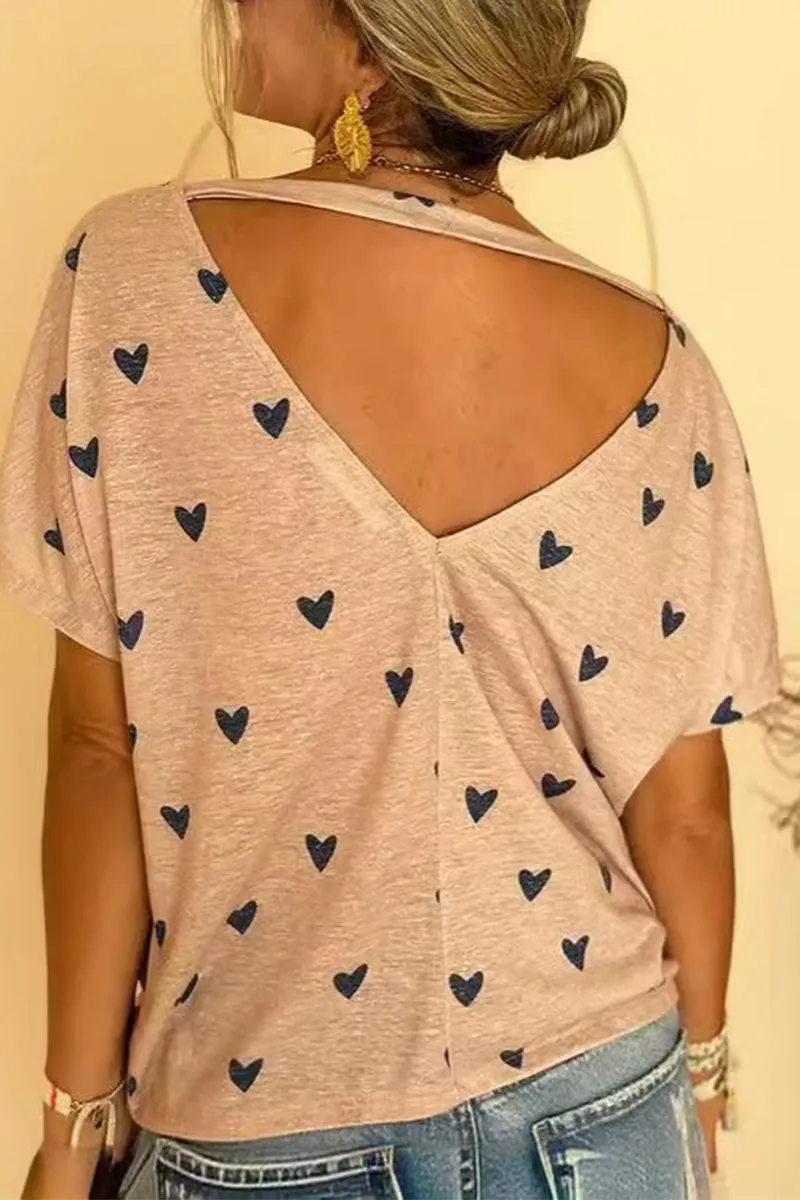 Casual Love Print Backless O Neck T-Shirts