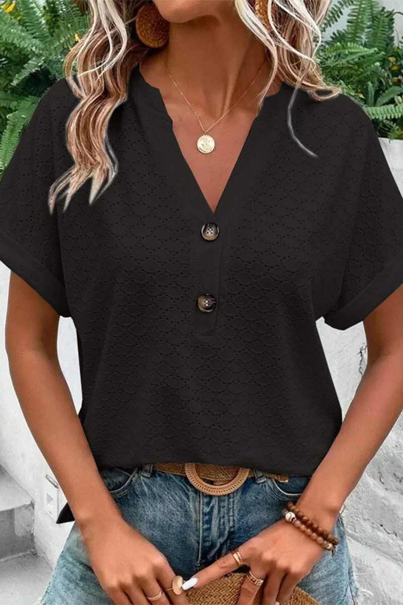 Casual Solid Buttons V Neck T-Shirts(10 Colors)