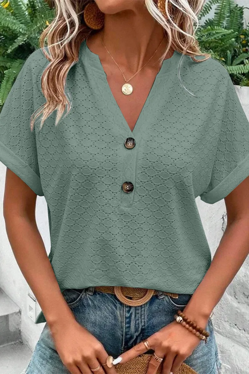 Casual Solid Buttons V Neck T-Shirts(10 Colors)