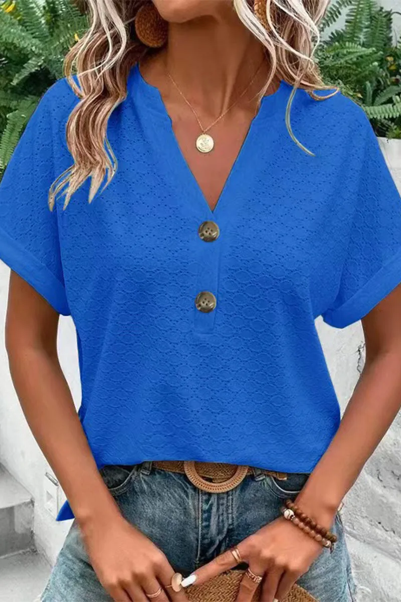 Casual Solid Buttons V Neck T-Shirts(10 Colors)