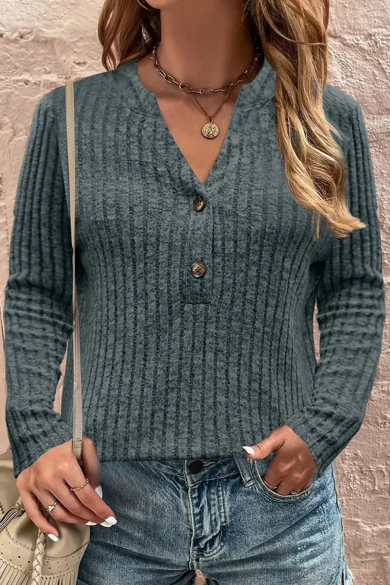 Casual Solid Buttons V Neck Tops